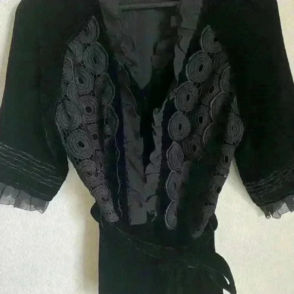 Vivienne Tam Regencycore Silk Blend Black Velvet Appliqué Tie Waist Top Size S - Picture 7 of 15